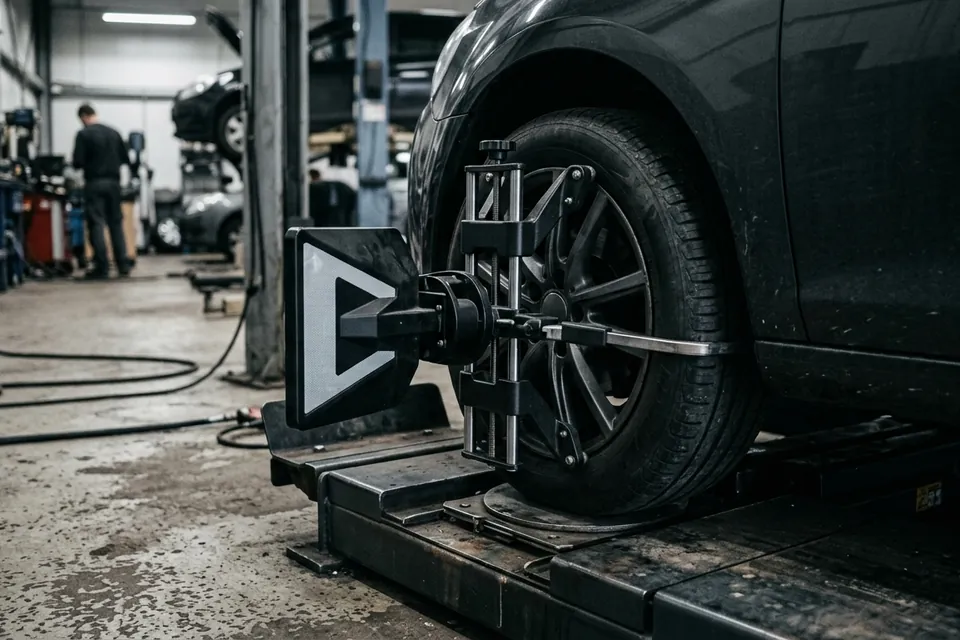 An alignment rack printout showing camber, caster and toe against spec
