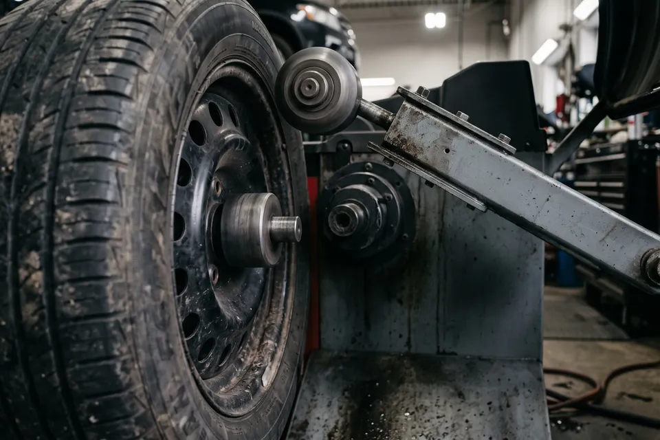 A wheel on a road force balancer with the loaded roller against the tread