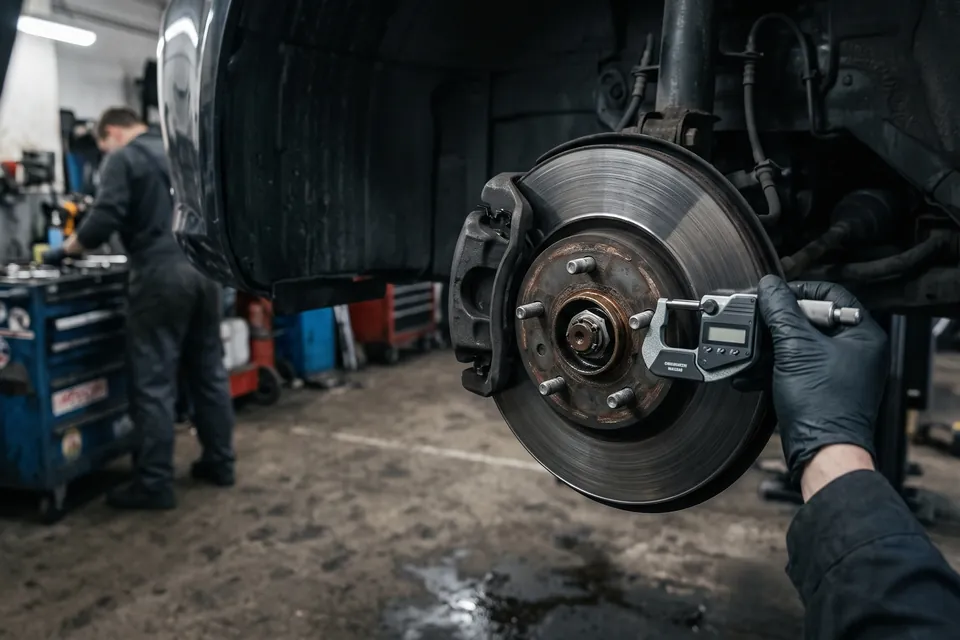 A brake rotor being measured with a micrometer while the wheel is off
