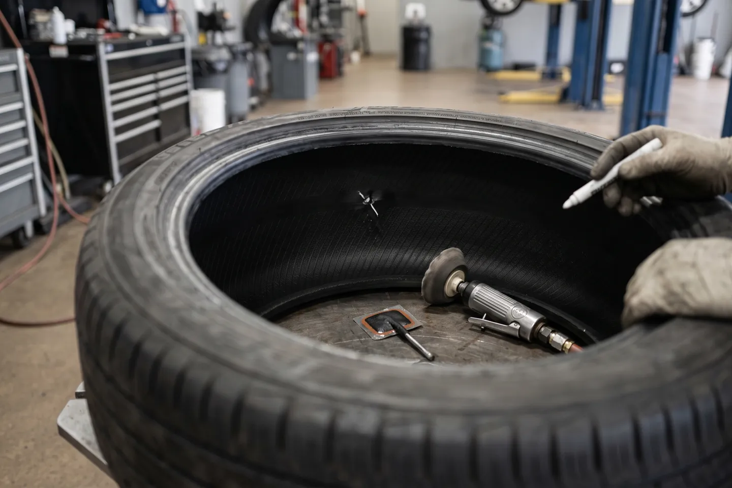 A dismounted tire on the machine with the puncture marked from the inside