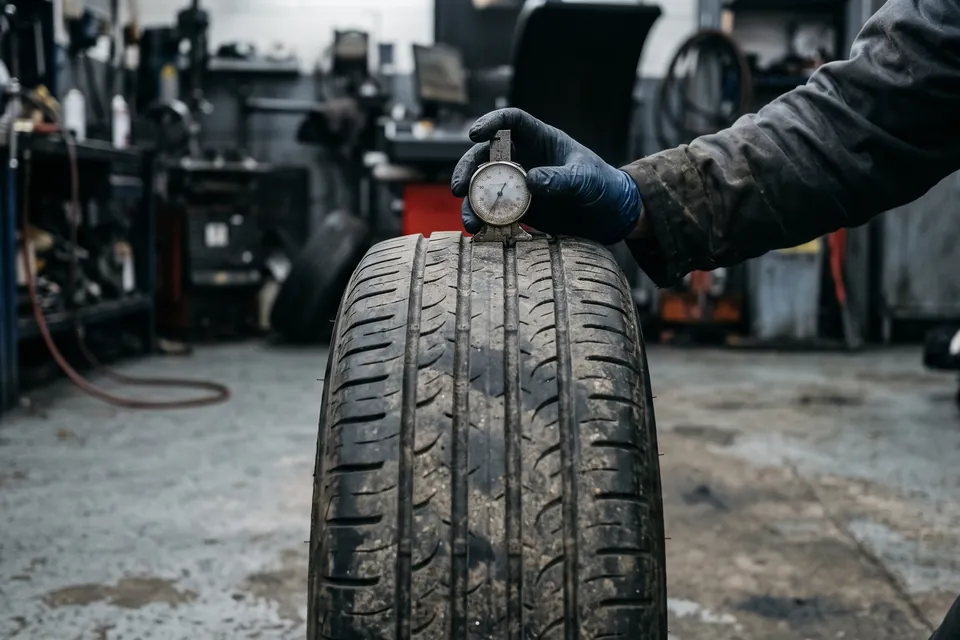 A used tire being inspected inside with tread depth being measured
